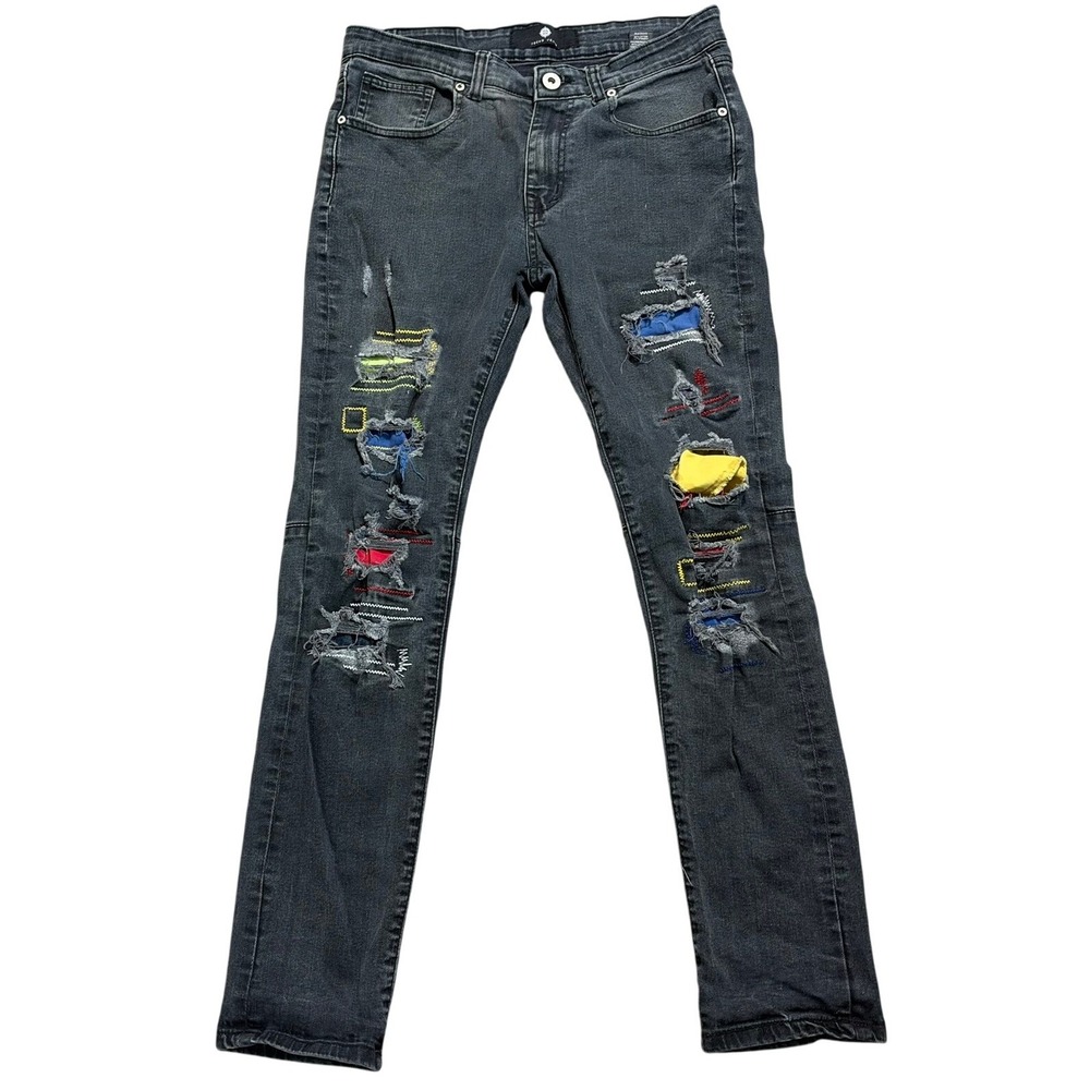 FOCUS JEANS Men 32x32 Black Distressed Y2K Vintage Patchwork Slim Fit Moto Denim
